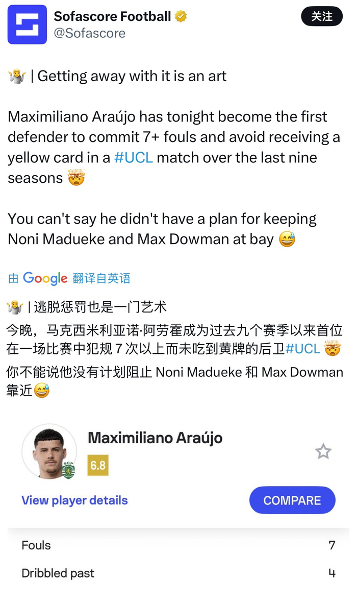 足球在线直播-葡萄牙体育后卫阿劳霍欧冠单场7次犯规未吃牌创纪录|阿森纳|体育赛事讨论|处罚|球员_新浪体育_新浪新闻